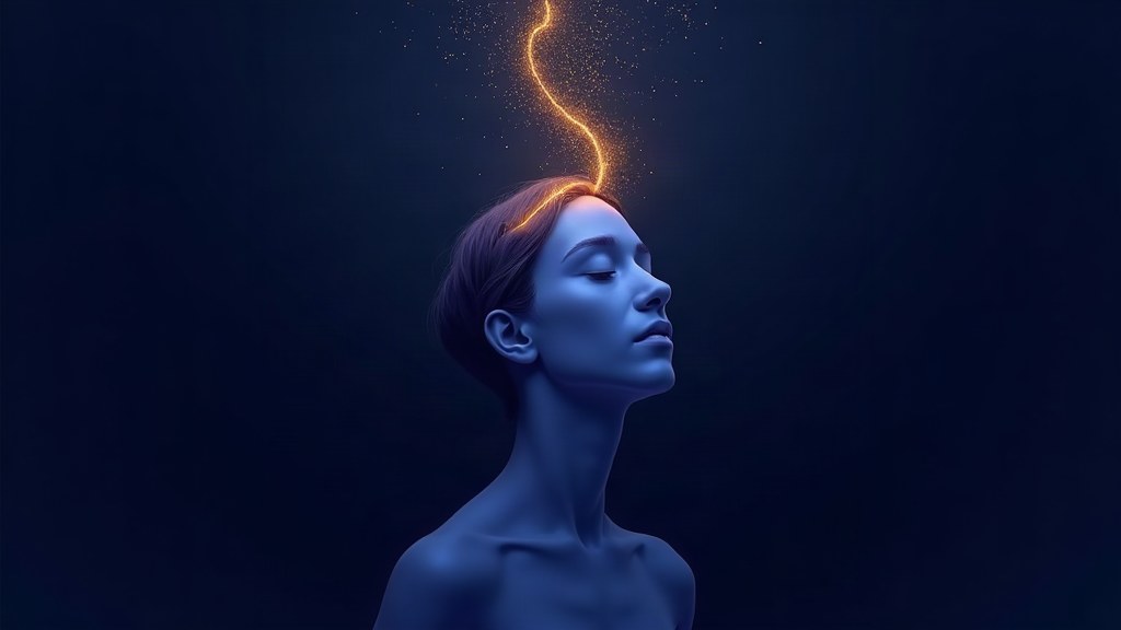 Illustration of a calm face with a spiral of soft light, learning hypnosis