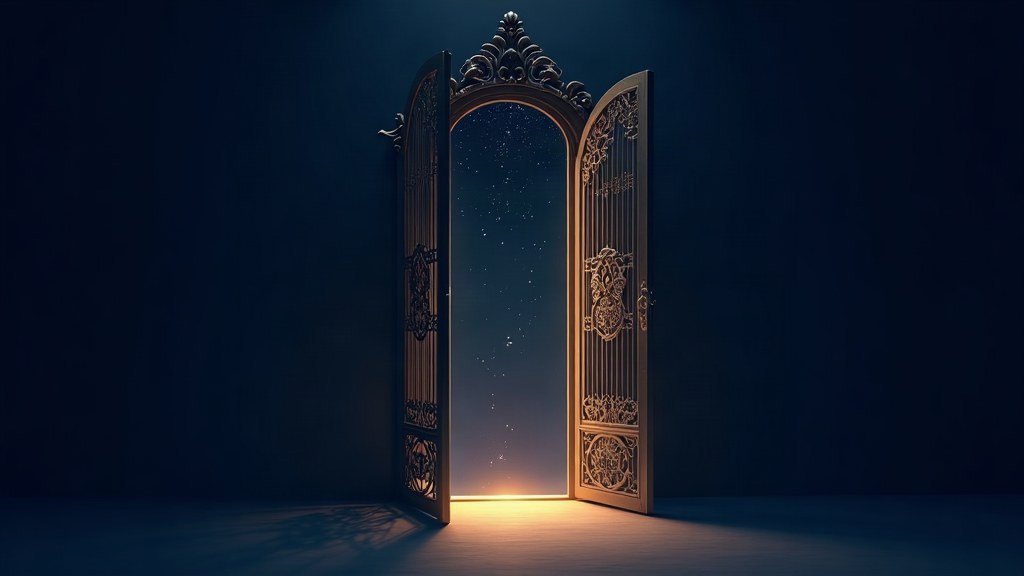 Illustration of golden doors opening to starlight, freedom from myths
