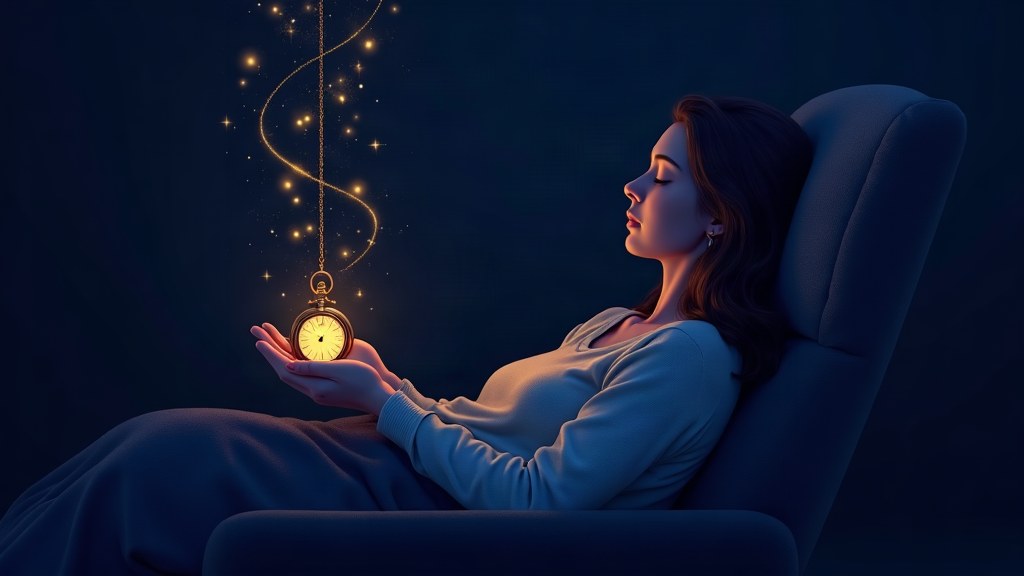 Illustration of self-hypnosis practice with a glowing pocket watch