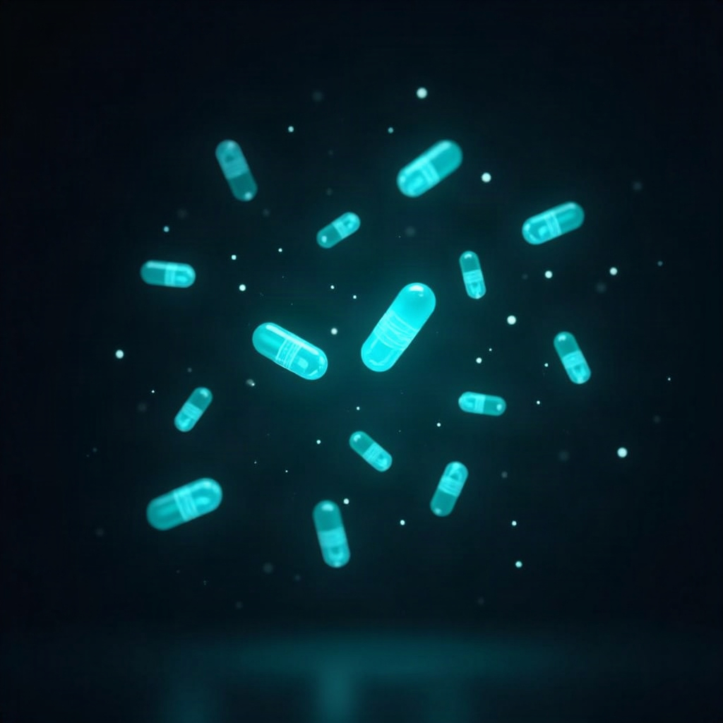 Glowing capsules and molecules floating in teal light — nootropics for focus, illustrated