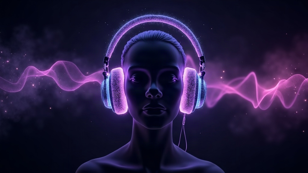 A figure in the dark wearing glowing headphones, purple sound waves flowing outward — the liminal space where lucid dreaming begins