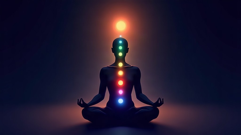Illustration of the seven chakras glowing along the spine of a meditating figure