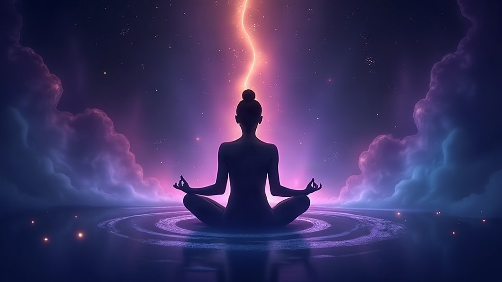 Illustration of a meditating figure surrounded by glowing indigo and gold energy