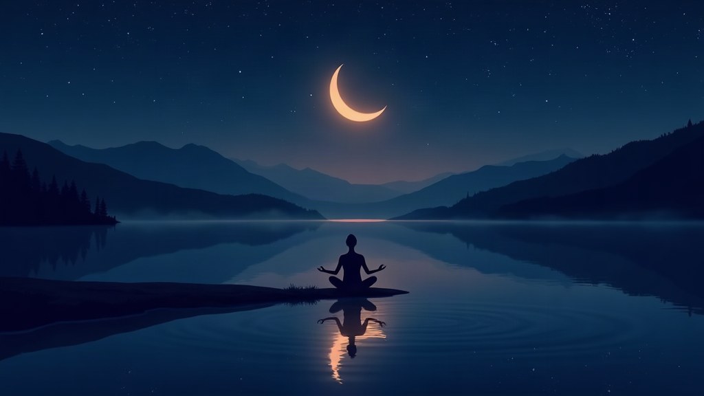 Illustration of night meditation beside a still lake under a gold crescent moon