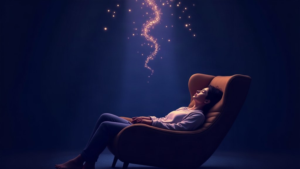 Illustration of self-hypnosis deep rest in an armchair under a spiral of light