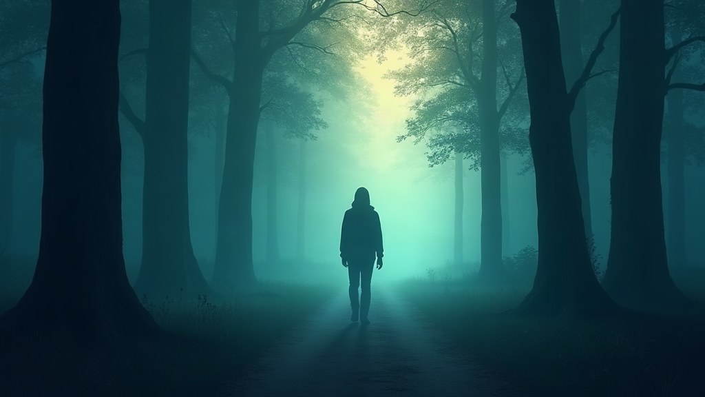 Walking toward teal dawn light — lose weight hypnosis begins with a single calm step
