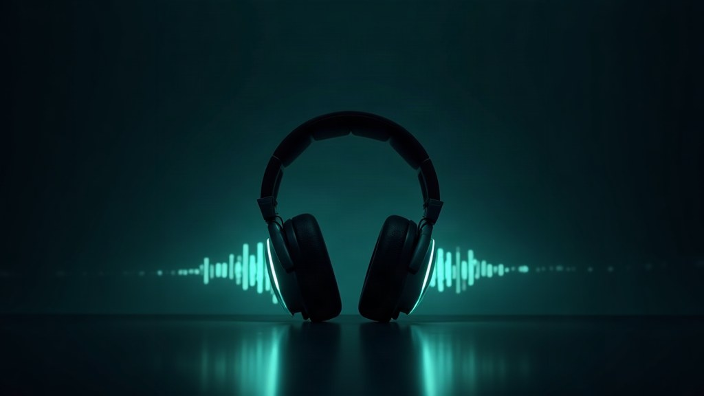Headphones with soft teal sound waves — listen to a weight loss hypnosis session