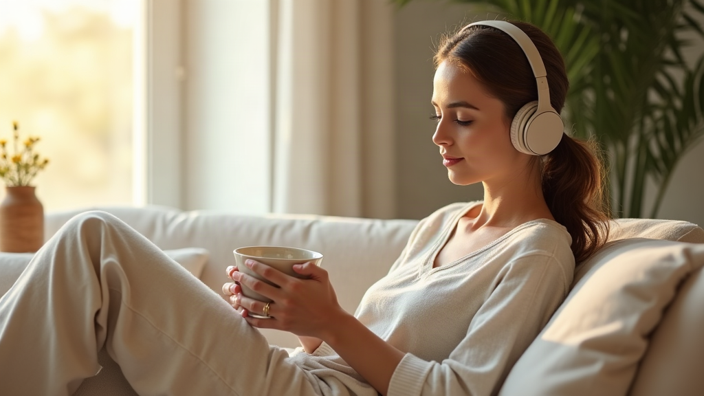 Woman relaxing with eyes closed and over-ear headphones listening to ASMR quit smoking audio in soft morning light