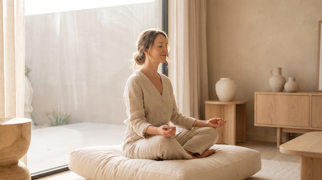 Woman sitting calmly with eyes closed beside a bright window in soft morning light, illustrating absorbed focus