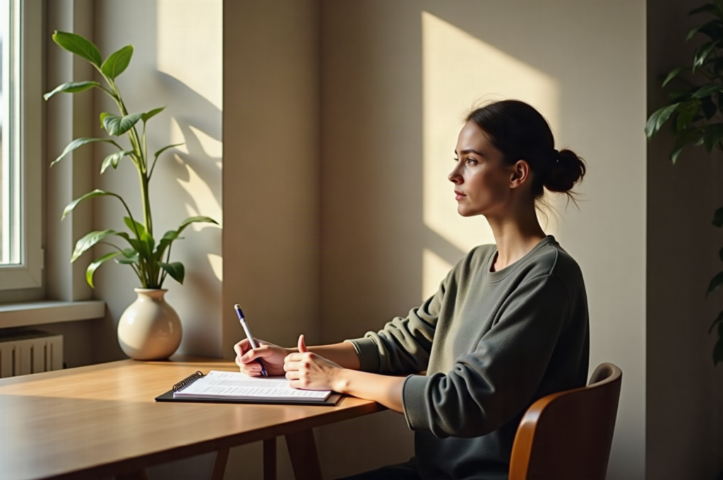Person in deep flow state working at a sunlit minimal desk