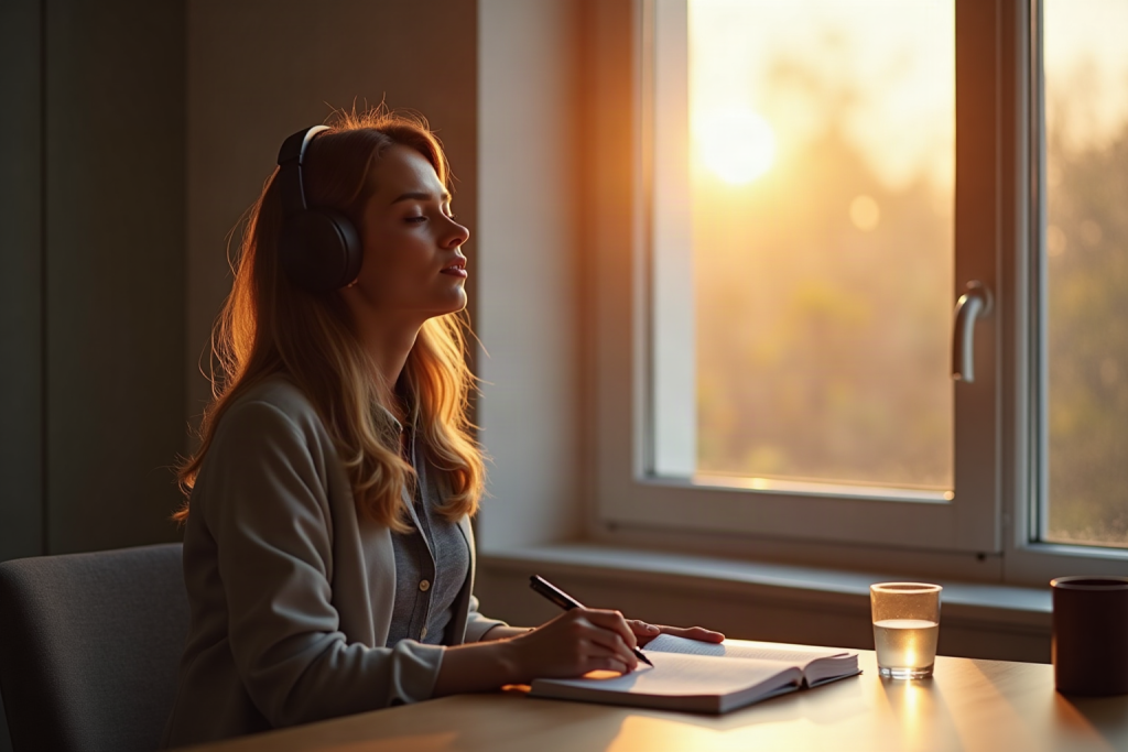 Person with eyes closed wearing over-ear headphones at a clean desk in soft golden dawn light during a morning focus ritual