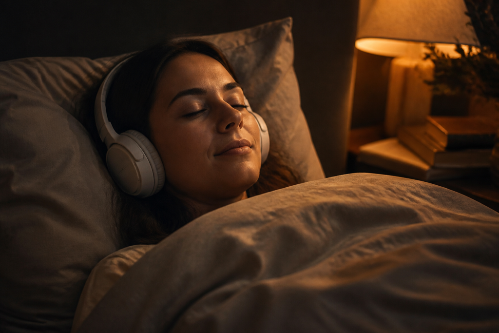 Woman lying calmly in bed at night wearing soft over-ear headphones, eyes closed, in warm bedside lamplight