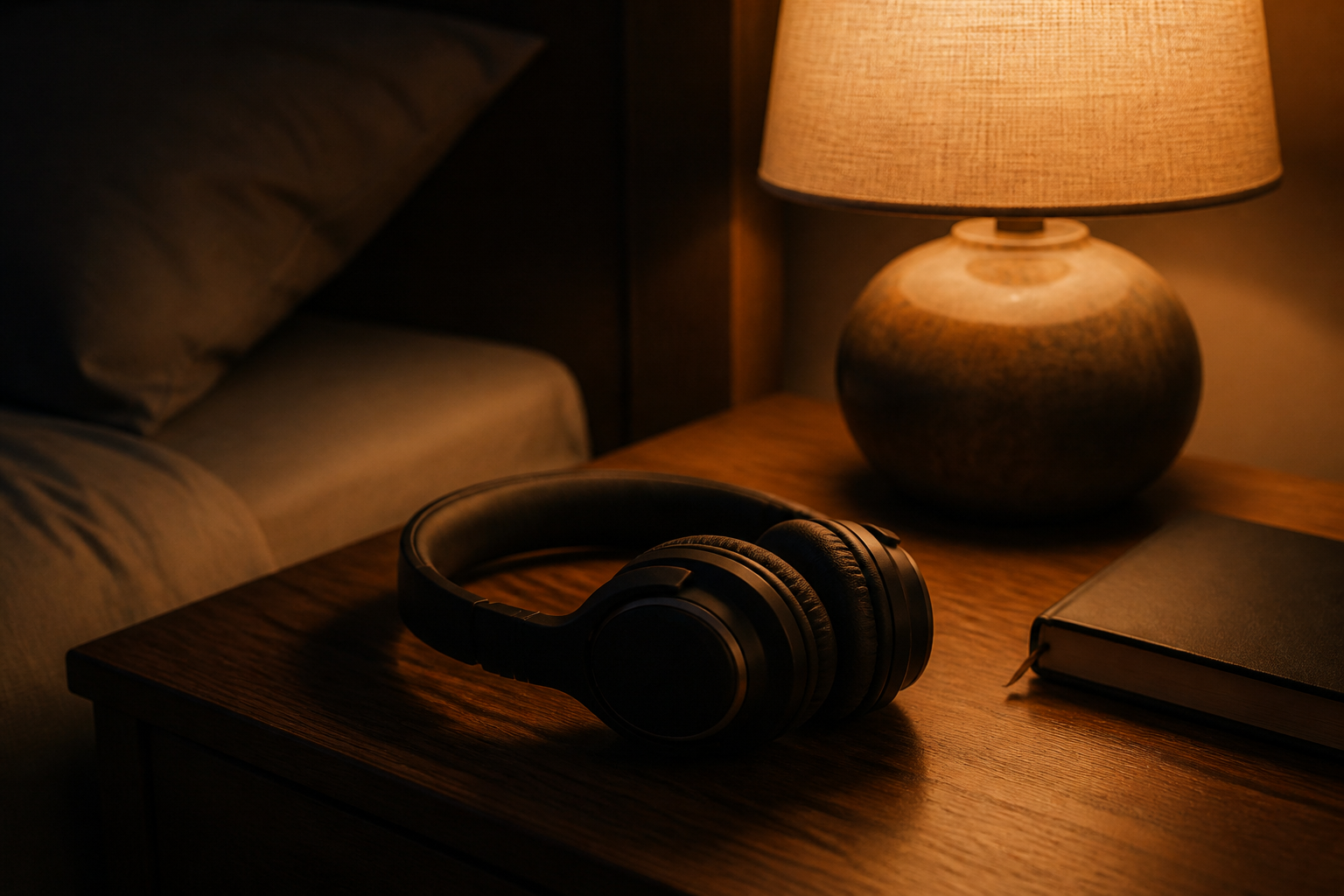 Over-ear headphones resting on a wooden bedside table beside a softly glowing lamp in a dark bedroom