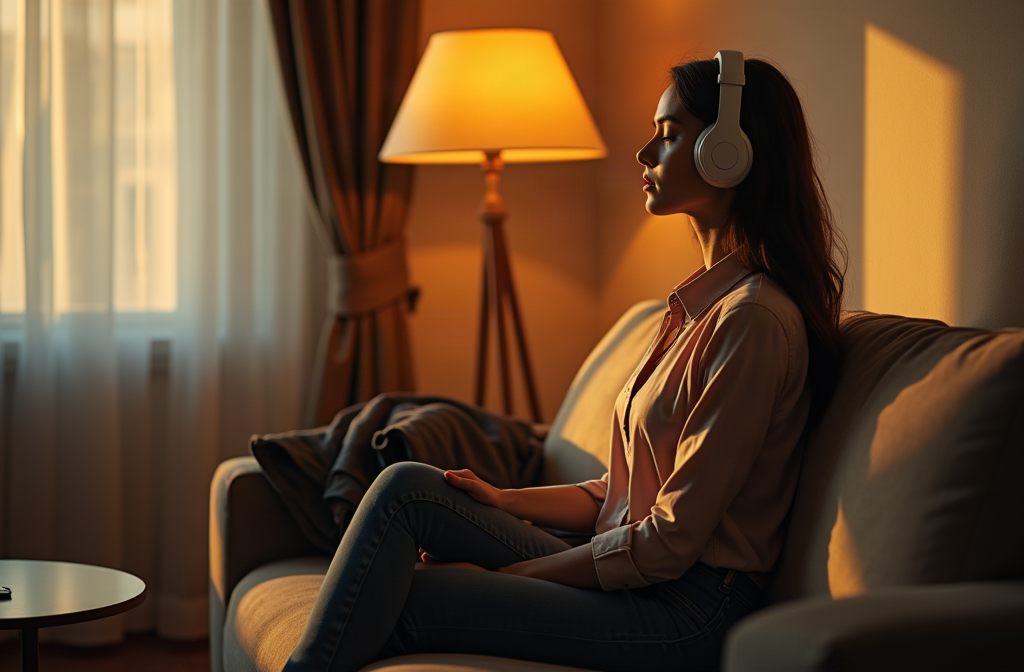 Calm woman on the edge of a sofa in golden evening light, eyes closed, over-ear headphones on, jacket and keys waiting on the side table