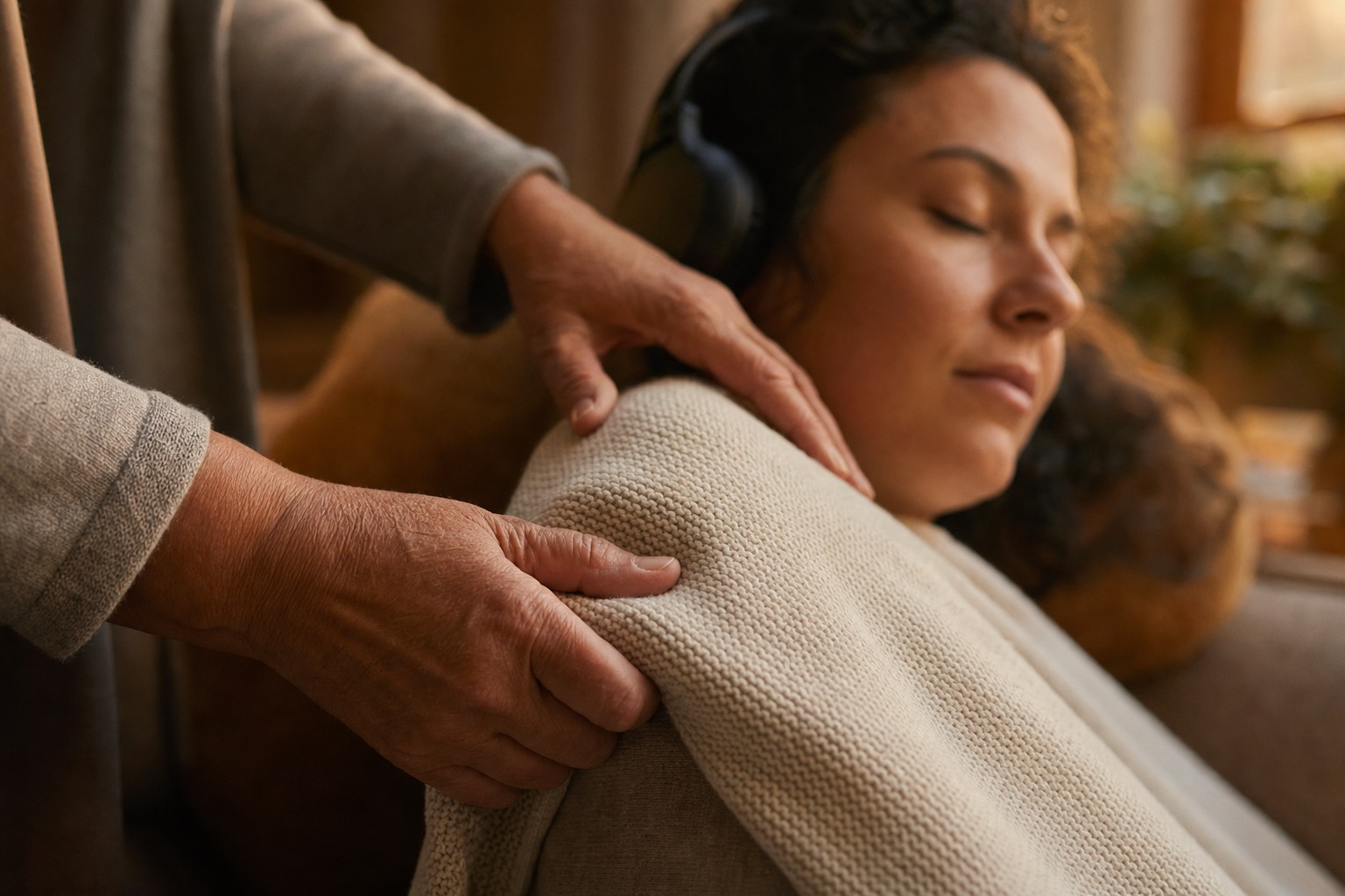 Gentle hands softly adjusting a knit blanket over a resting woman — the care signal behind ASMR personal attention