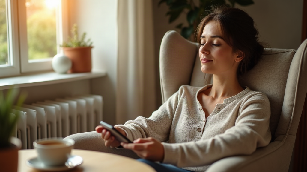 Woman sitting calmly in an armchair with eyes closed holding a smartphone loosely in warm morning light — hypnosis for phone addiction